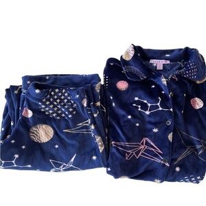 Hale Bob Navy Planet & Constellation Fleece Pajama Set with Pastel Accents